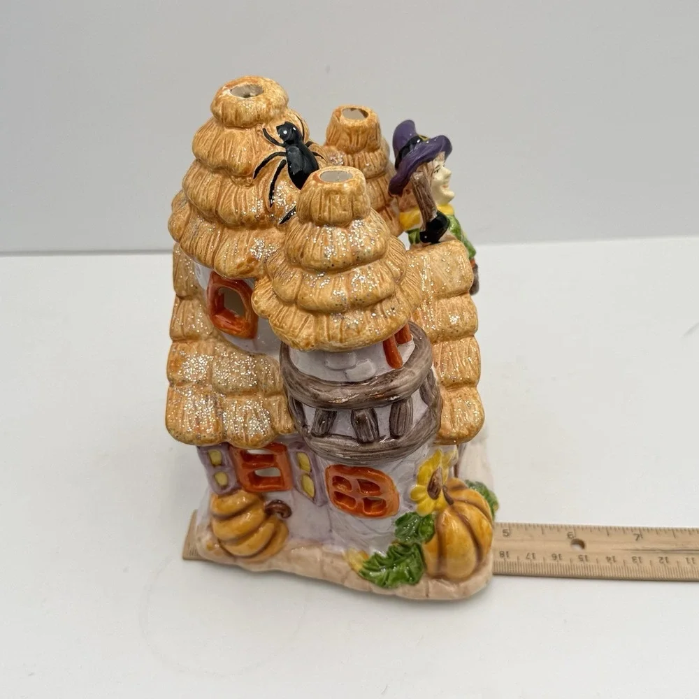 Halloween House Vintage Fall Tea Light Luminary Ceramic Scarecrow Spider Autumn
